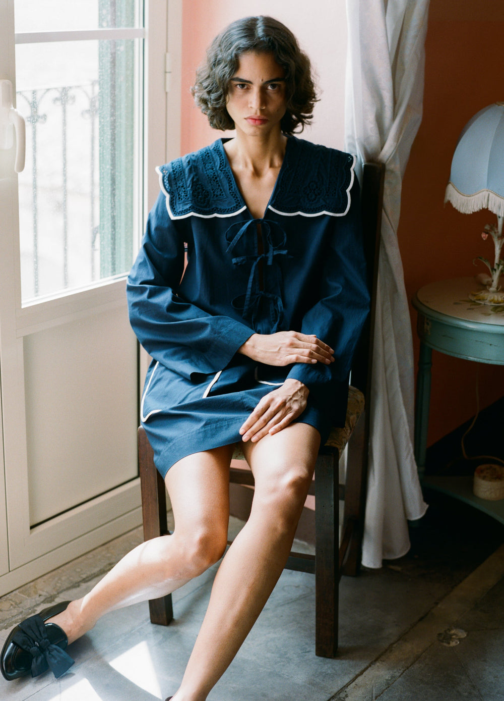 Marie Dress White|Navy